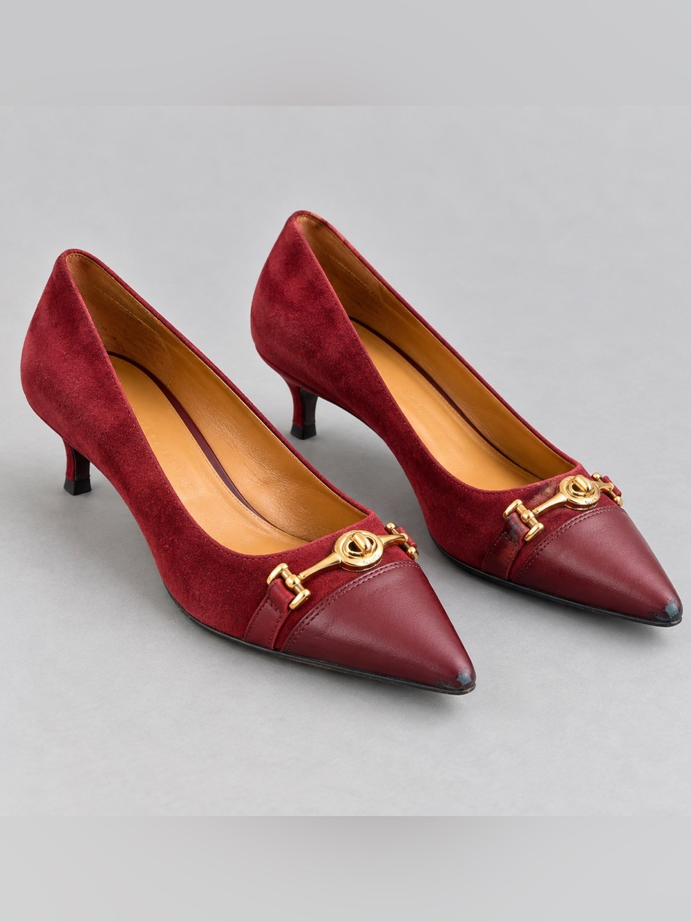 Coach Burgundy Suede Leather Cap Toe Horsebit Kitten Heels 8B